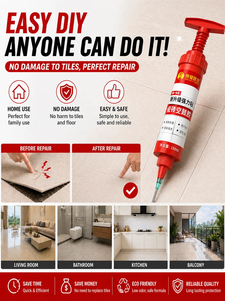 Tile Repair Injection Adhesive for Loose & Hollow Tiles, No Drill Tile Repair Glue, Fast Fix for Ceramic Floor Tiles