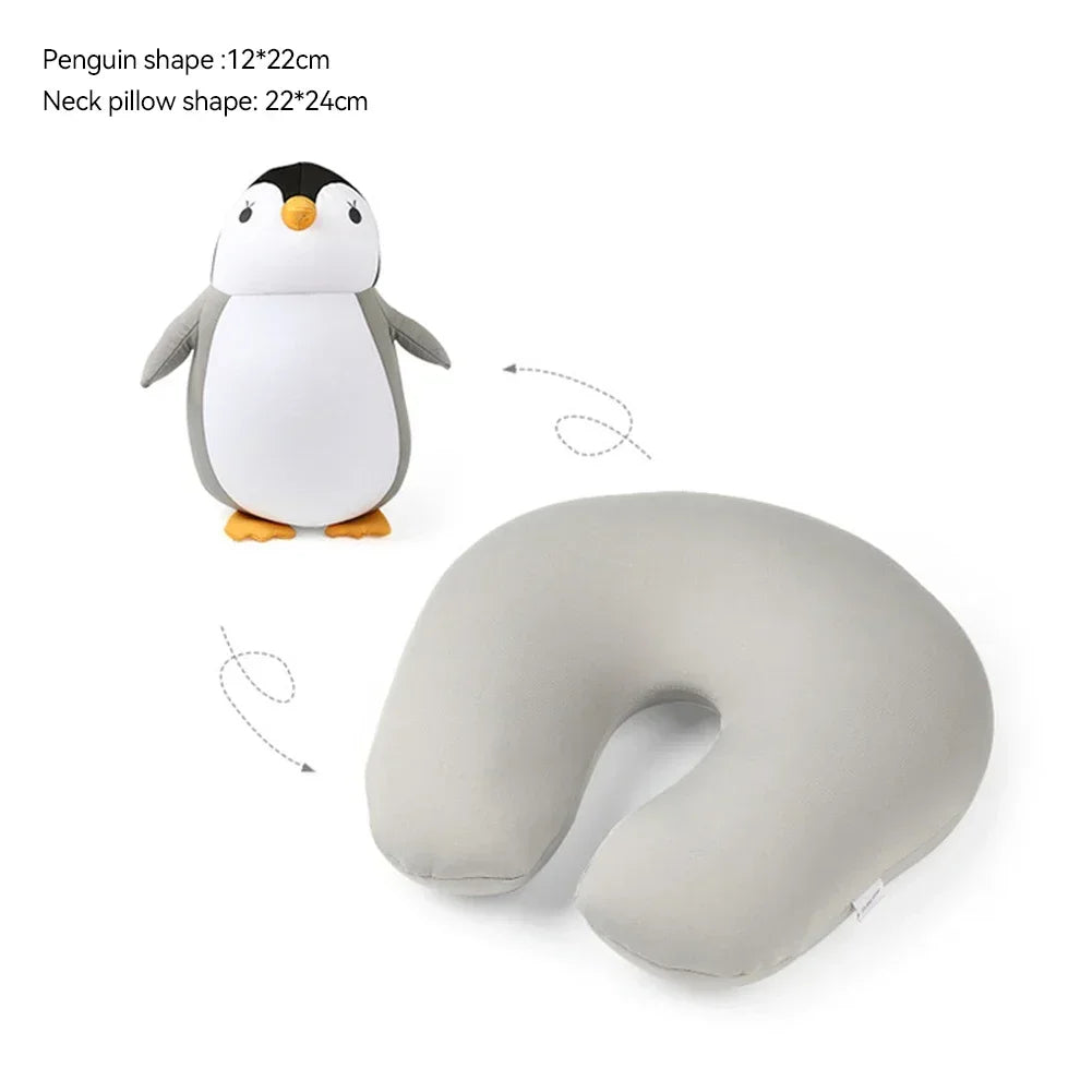 Travel Neck Pillow U-Shaped Plush Pillow Cute Zip and Flip Penguin Deformable Cushion Supports Your Head Neck Chin for Adult
