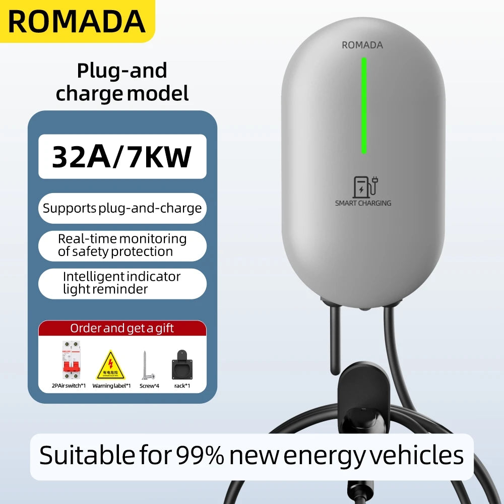 ROMADA EV Charger IEC62196 Type2 EVSE Wallbox 32A 7 KW 1Phase Adapter Bluetooth APP Control for Electric Vehicle Car With CE