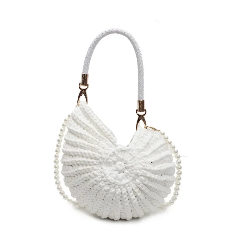 Creative Candy Color Conch Bag For Women Crochet Shoulder Bags Funny Cute Pearls Chains Handmade Weave Crossbody Hobo Shell Bag