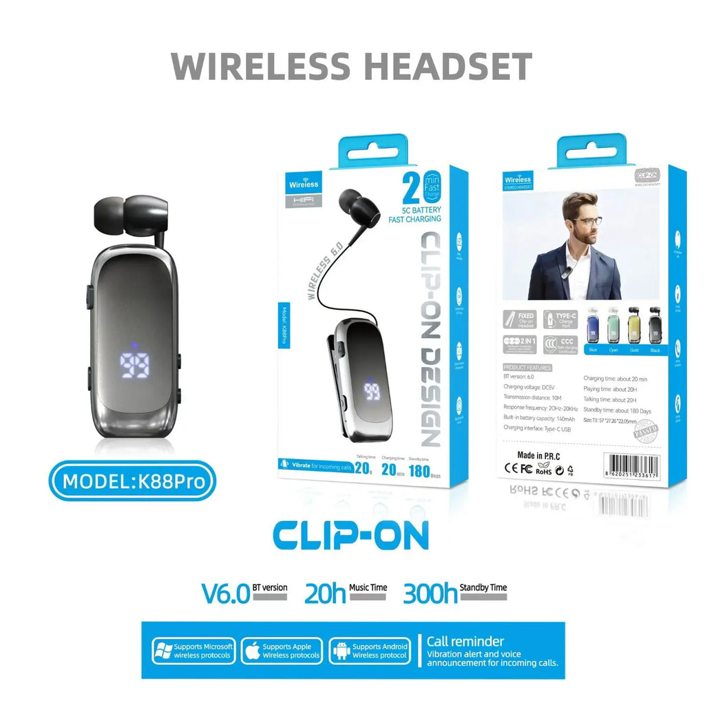 2026 K88pro Hebrew V6.0 Bluetooth Clip on Headset Mini Business Headphones Wireless Earphone Lotus Earbud Handsfree 20H Working