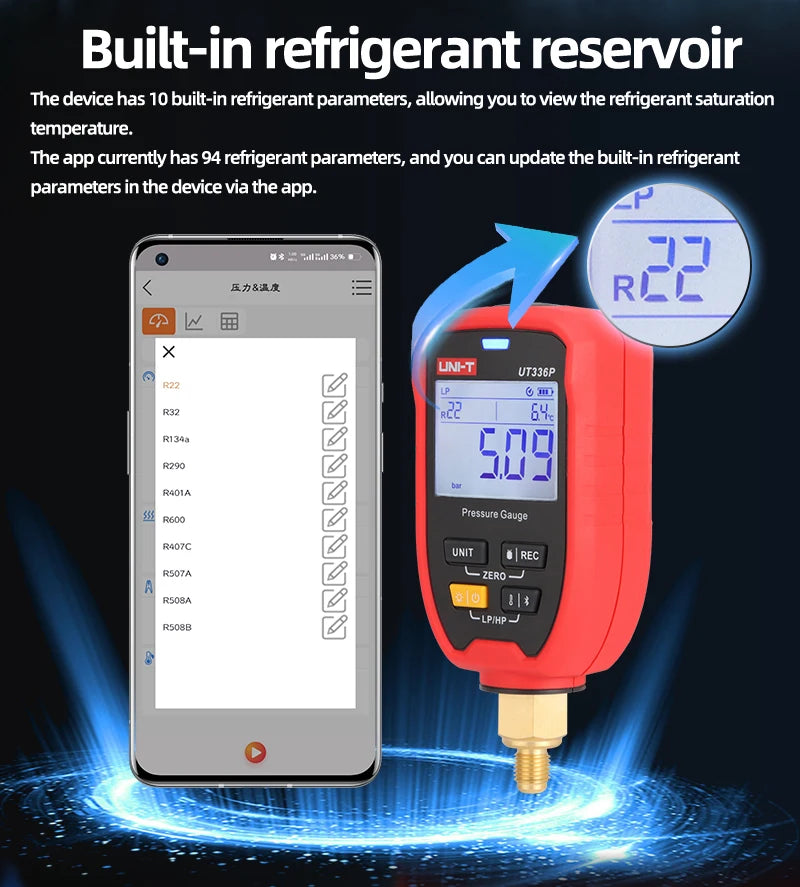UNI-T UT336P KIT Digital Pressure Gauge Kit with UT-T19 Temperature Gauge Bluetooth APP Clamp for HVAC Maintenance