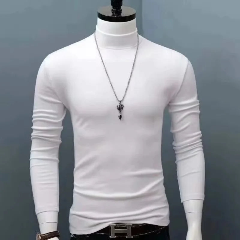 2026 Autumn Winter Men's High Neck T-shirt Slim Fit Fashion High Elastic Long Sleeve Cotton Casual Breathable Apparel Pullover