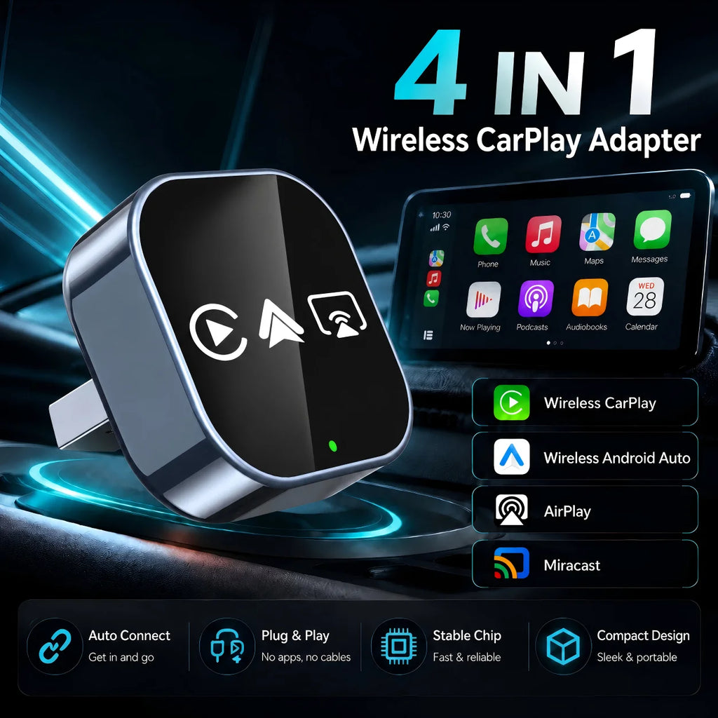 4 in 1 Wireless CarPlay Android Auto Adapter Wired To Wireless Converter AirPlay Miracast Mirror Link USB Plug & Play Mini Size