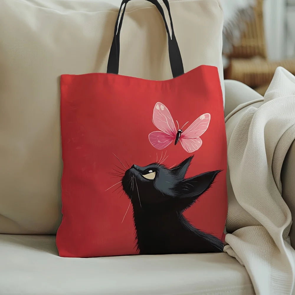 1pc Kitten and Butterfly Canvas Tote Bag - Durable Polyester, Rectangular Shape, Perfect for Shopping & Everyday Use
