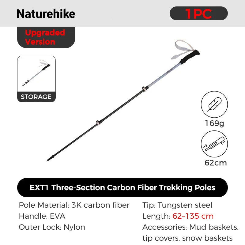 Naturehike 3-section Carbon Fiber Hiking Poles Ultralight Telescopic Trekking Poles Outdoor Hiking Camping Walking Stick
