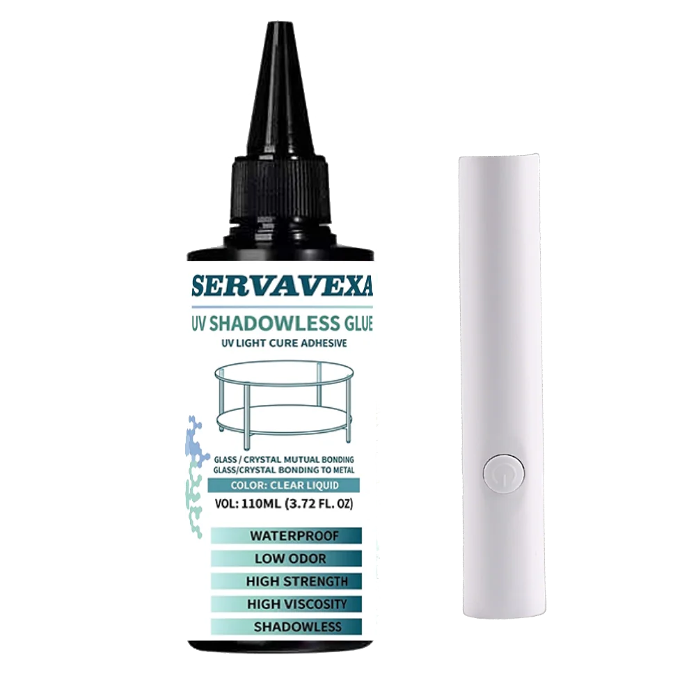 SERVAVEXA 110ml UV Light Cure Adhesive Kit with Lamp, Clear High Viscosity Glue for Glass to Metal Bonding, Waterproof
