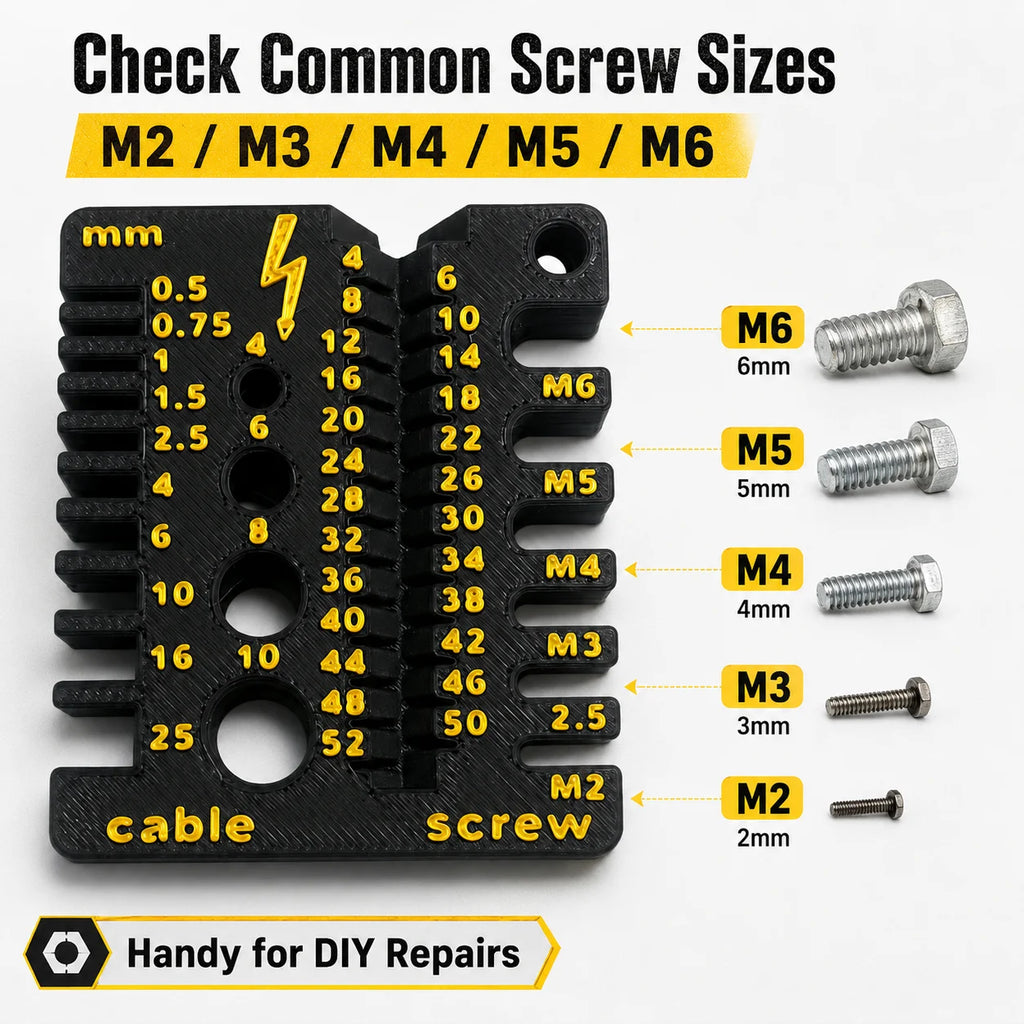 Screw & Cable Size Gauge, Metric Thread Measuring Tool for M2-M6 Screws & Wire Cables, Compact DIY Toolbox Tool