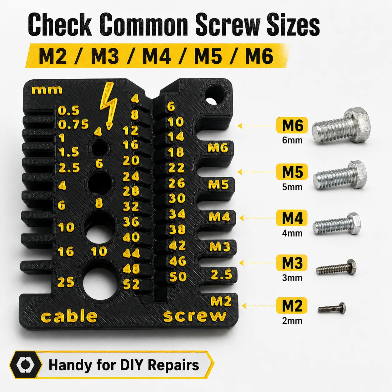 Screw & Cable Size Gauge, Metric Thread Measuring Tool for M2-M6 Screws & Wire Cables, Compact DIY Toolbox Tool