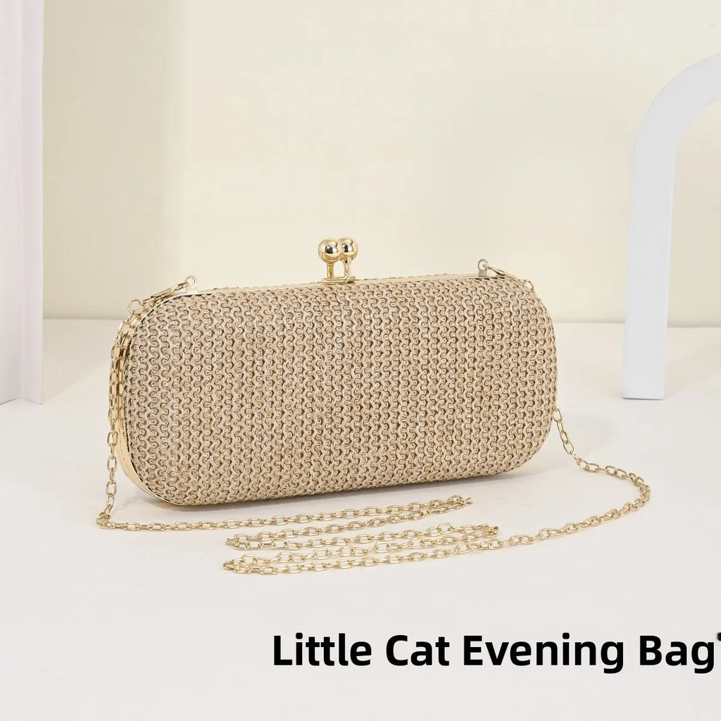 Elegant Woven Clutch Bag for Women Metal Buckle Party Dinner Beach Handbag Polyester Pure Color Fashionable round Box Shape