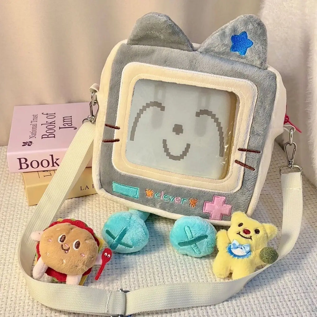 JIAERDI Plush Square Smiling Cat Shoulder Bag Women Transparent Cartoon Crossbody Bag Female Harajuku Cute Ita Bag Bolsas Mujer