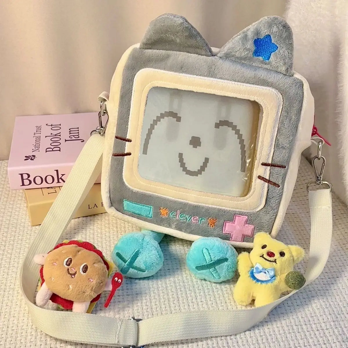 JIAERDI Plush Square Smiling Cat Shoulder Bag Women Transparent Cartoon Crossbody Bag Female Harajuku Cute Ita Bag Bolsas Mujer