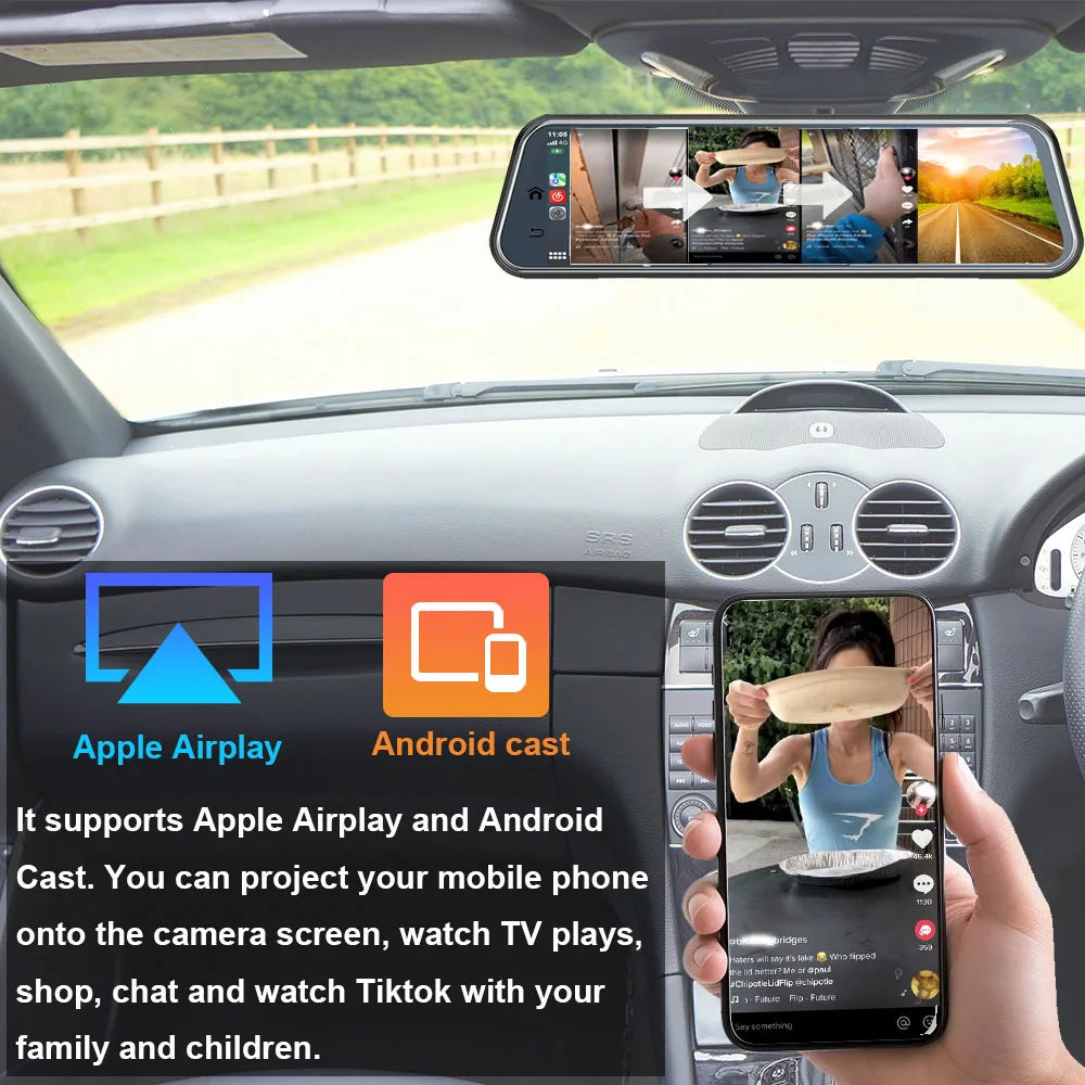 HGDO 10" 4K Mirror Carplay&Android Auto Car DVR Dash Cam Backup Rear View Camera with 5G Wifi BT FM AUX Mirror Link 24H Monitor