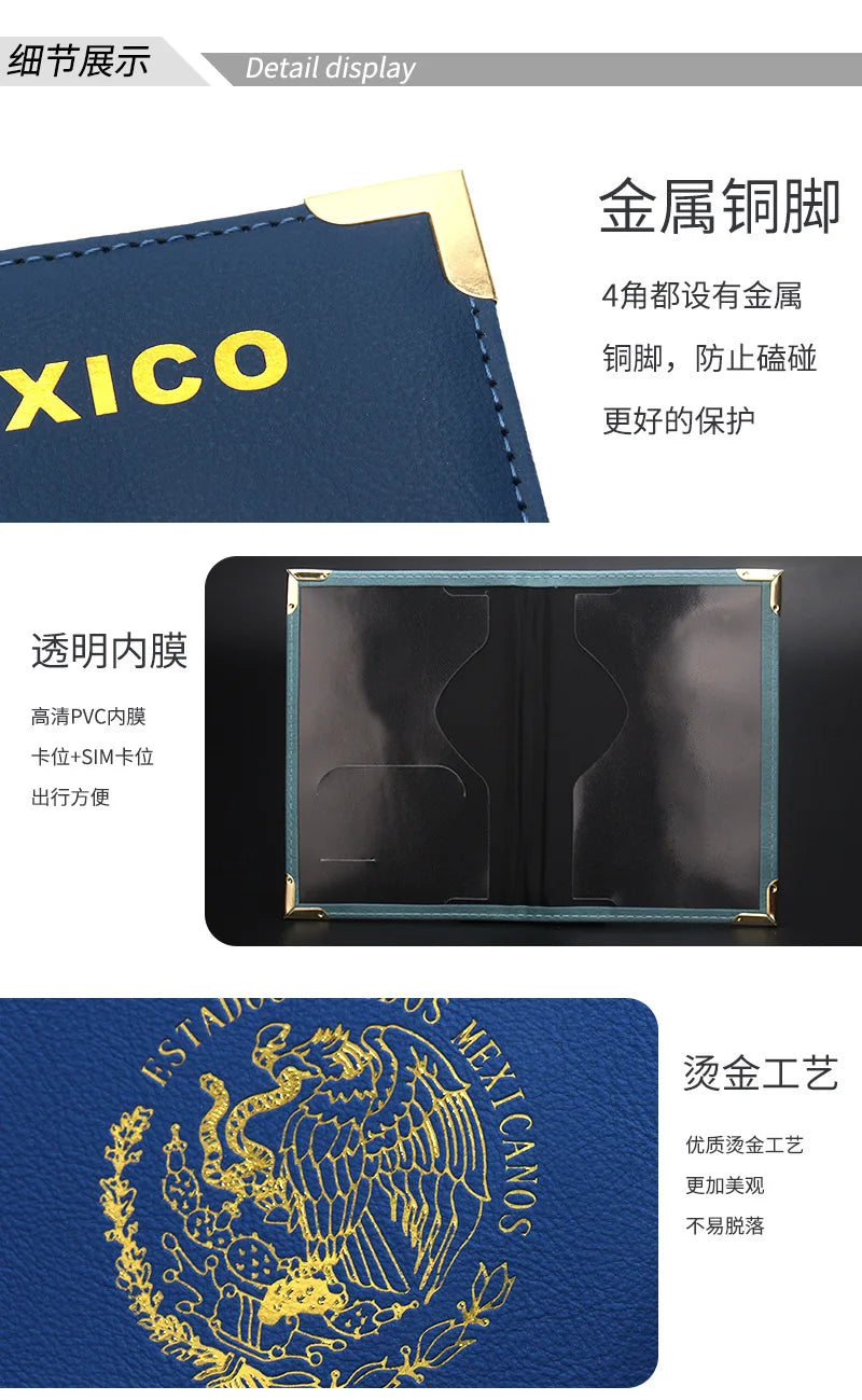 Mexican Passport Holder Golden Metal Copper Corners Passport Organizer Leather Slim Passport Case Plane Ticket Holder ID Holder