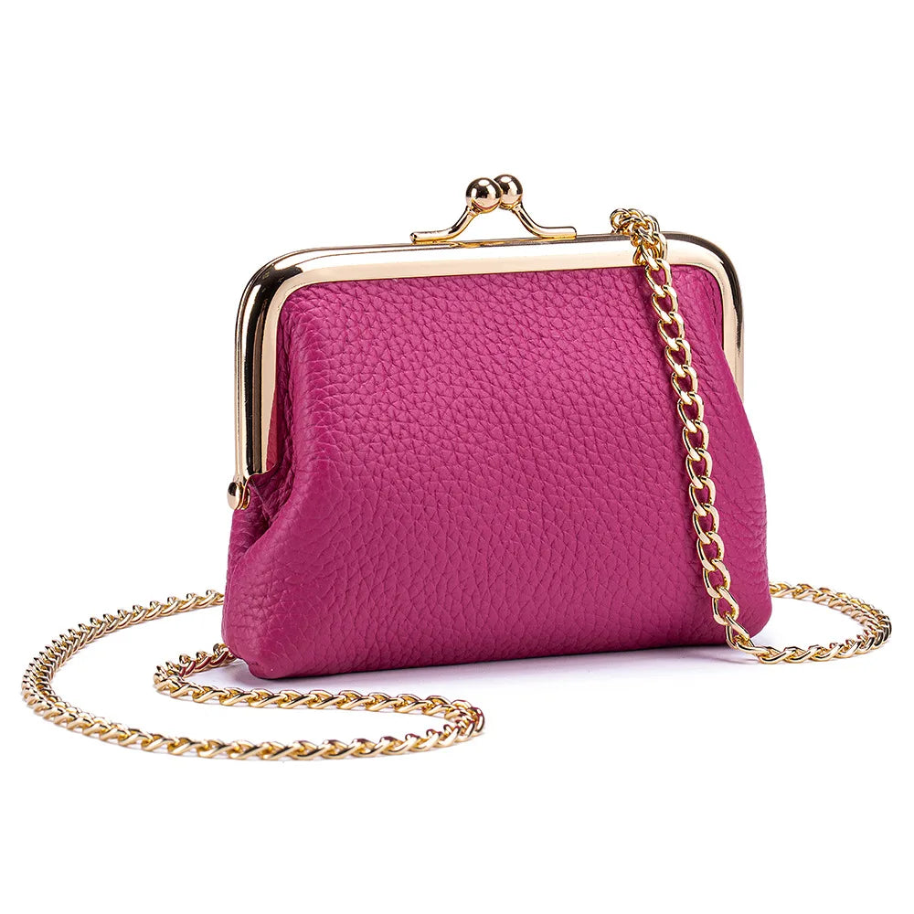 Women's Kiss Lock Crossbody Bag Genuine Leather Mini Handbags Kiss Clasp Crossbody Shoulder Bags Coin Purse Messenger Handbag