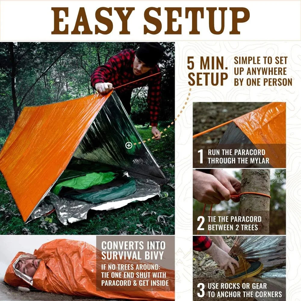 2-Person Emergency Survival Tent – Waterproof Mylar Space Blanket Shelter / Tente de survie d'urgence 2 personnes – Abri imperméable mylar