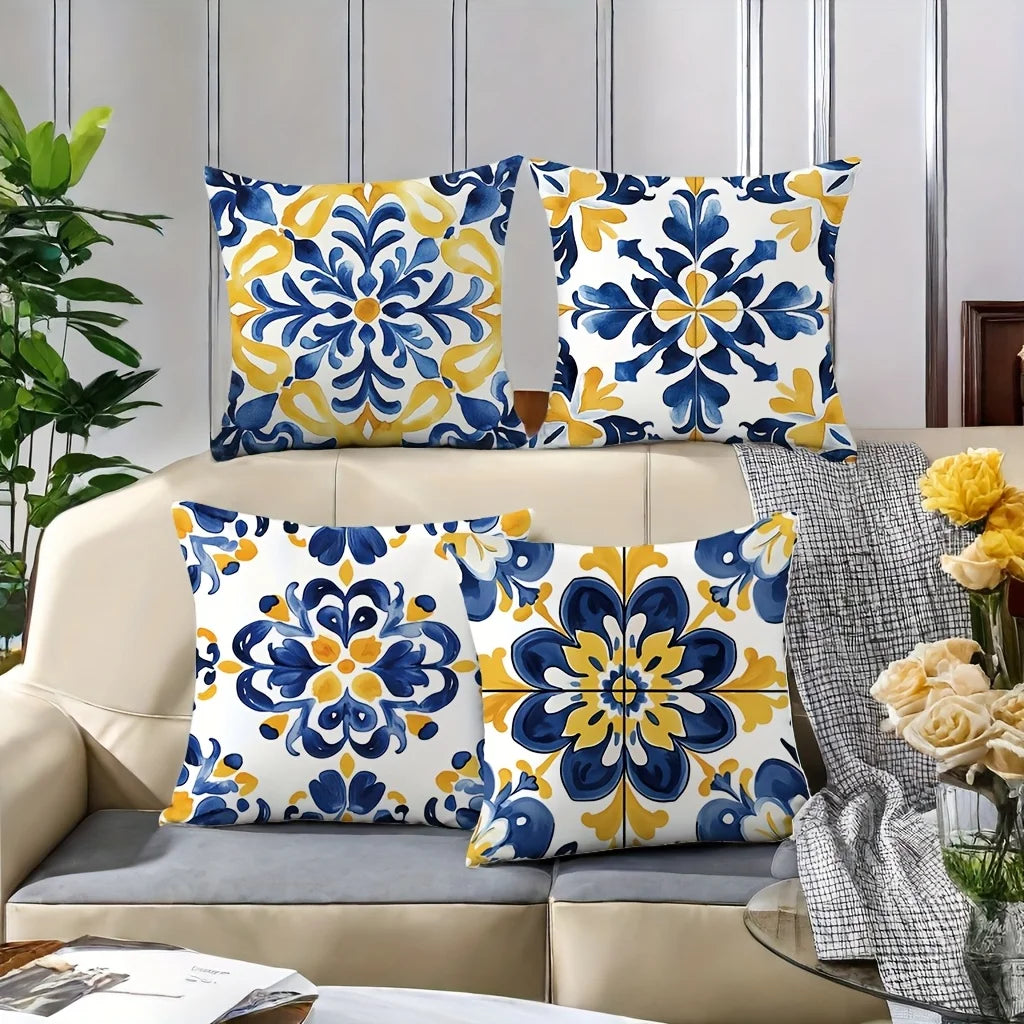 4-Piece Set, Vibrant and Intricate Blue-Yellow Tile Pattern - Inspirational Pillow Cover Decoration, Insert Not Included