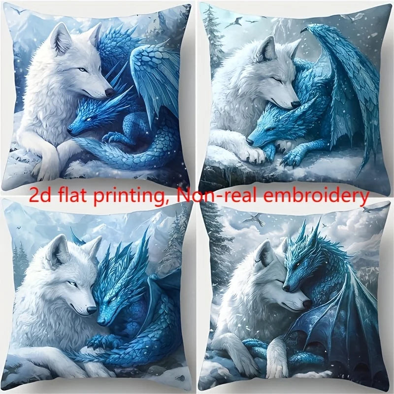 4 pillowcases featuring a design of a white wolf and a blue ice dragon. Comfortable and stylish, decorating your home sofa.