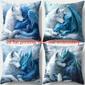 4 pillowcases featuring a design of a white wolf and a blue ice dragon. Comfortable and stylish, decorating your home sofa.
