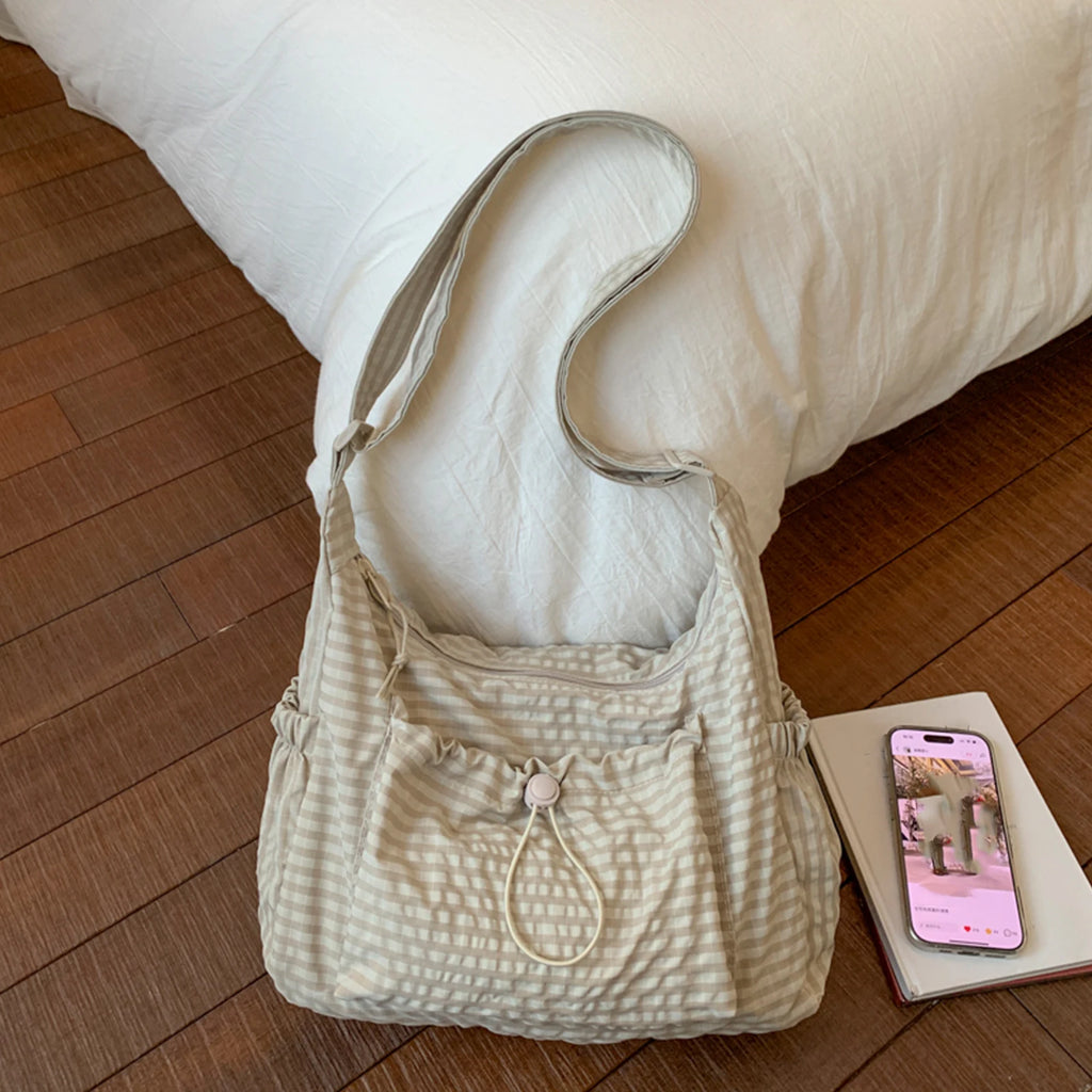 Women Checkered Sling Bag Nylon Pleated Cloud Shoulder Bag Large Capacity Stylish Plaid Tote Bag Shopping Date Handbag