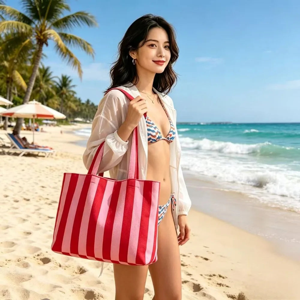 2026 New Bohemian Style Knitted Striped Woven Bag Large Capacity Yarn Handheld Tote Bag