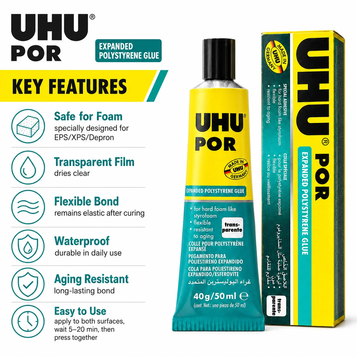 50ML Original UHU POR Glue Adhesive Quick-Setting Special Adhesive for Polystyrene Model-Making Glue Waterproof Transparent