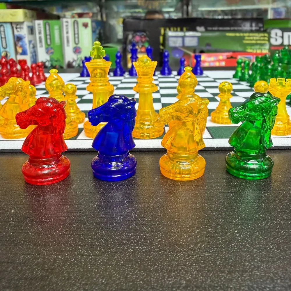 4 Players Chess , Translucent Pieces, 1 pc 35cm/13.78in Chess mat 64pcs Colorful Chess（4 different color 16 PCS per color）