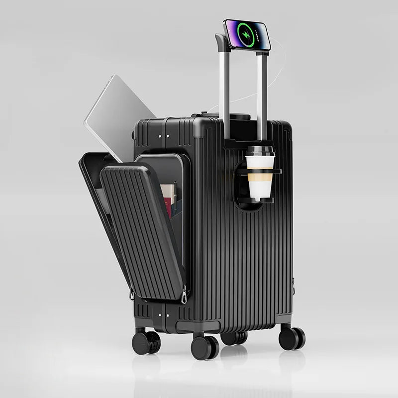 New-style three-opening multifunctional front-opening suitcase, 20-inch PC material with double side pockets, large-capacity tra