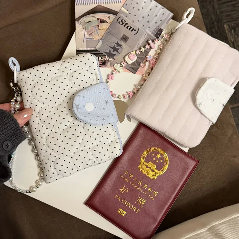 Star Dot Print Women Passport Cover Multifunction Credit Card Purse Passport Holder Plane Ticket Organizer Case Wallet for Girl