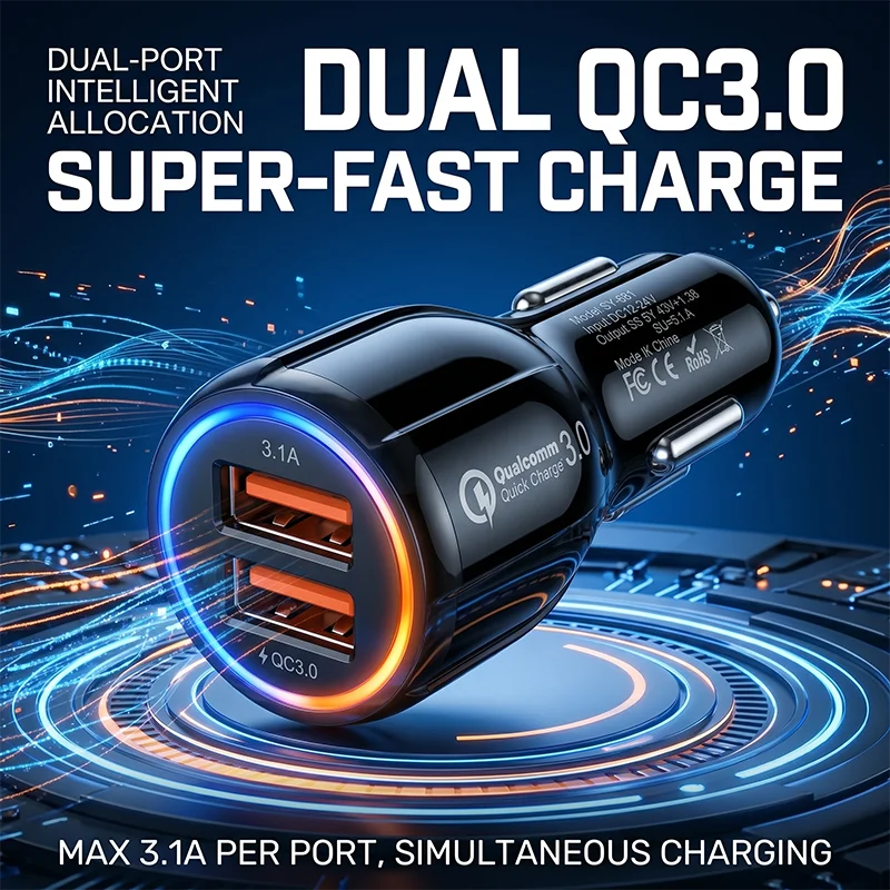 Smart Dual USB Car Charger QC 3.0 3.1A Fast Charging Adapter For iPhone For Samsung And Tablet Universal Car Power Android Phone