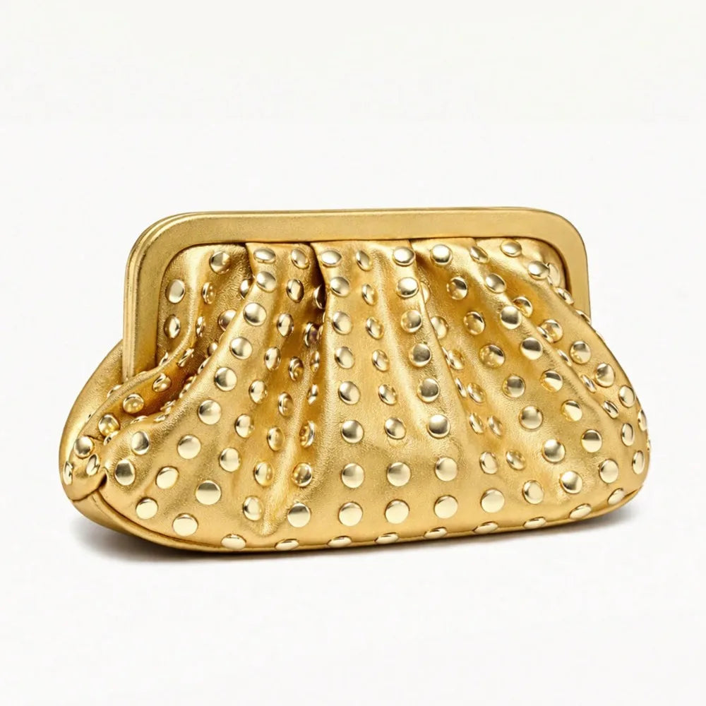 Vintage Clutch Purse Rivet Detail PU Leather Shell Shape Wallet Magnetic Buckle Pleated Design Handheld Evening Bag for Women