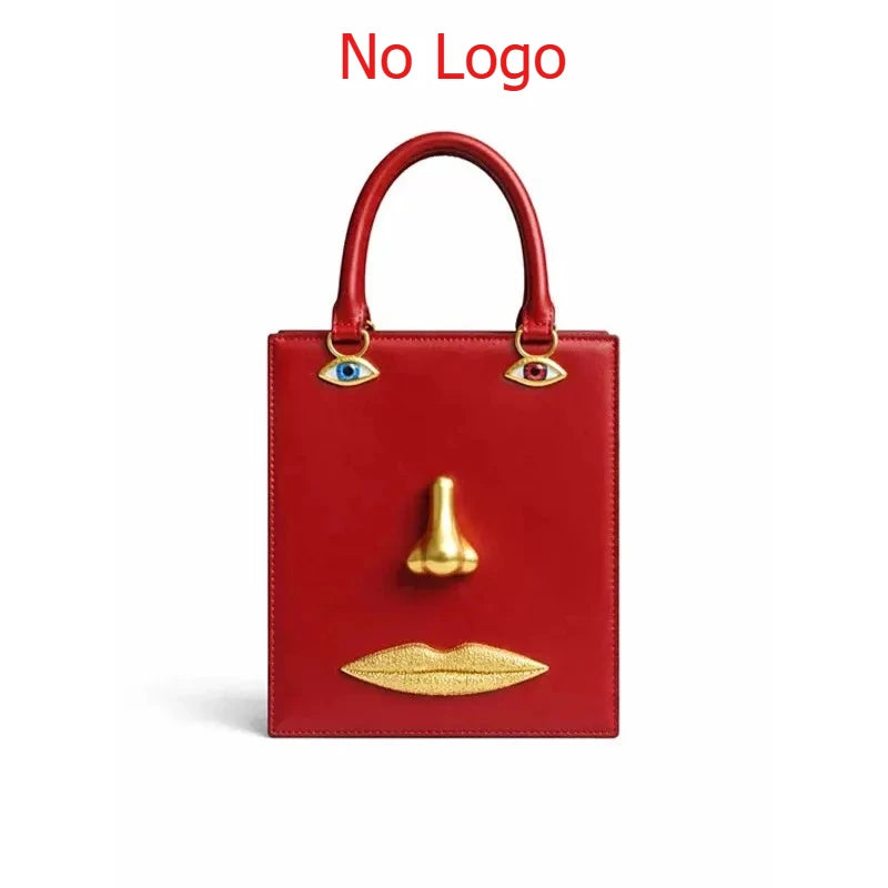 Face Bag Women High Quality Black Leather Luxury Brands Handbag Jewelry Eyes Gold-tone Metal Shoulder Strap Crossbody Bags