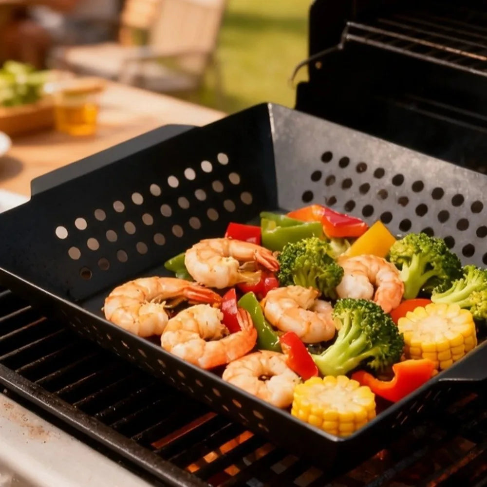 Grill Tool Heat Resistant Barbecue Grill Pan Non-Stick Coated with Drain Holes Grill Basket Cast Iron Square Grill Tray Picnic