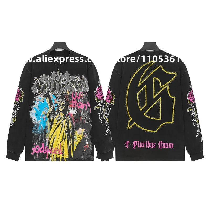 2026 Quality American Skeleton Pattern Printed Washed GODSPEED Long Sleeves T-shirt High Street Casual Cotton Round Neck Men Top