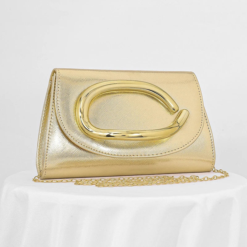 Women's Elegant Metallic Evening Clutch Bag, Luxury Party Purse, Crossbody Handbag With Chain Strap For Wedding Prom Banquet