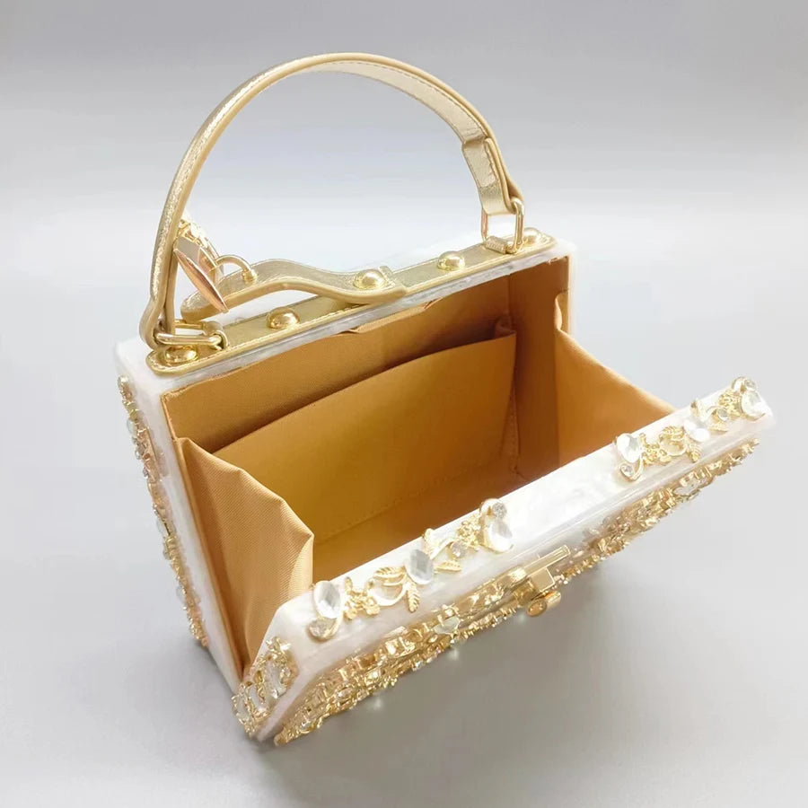 Luxury Acrylic Crystal Evening Bag Female New Hollow Out Metal Carved Flower Diamond Handbag Box Chic Shoulder Crossbody Bag Sac