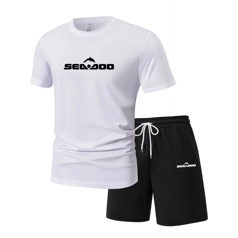 Sea Doo Seadoo Moto Printed Men's Running T-Shirt And Shorts Set Casual Elastic round Neck Sports Suit Quick Dry Comfortable