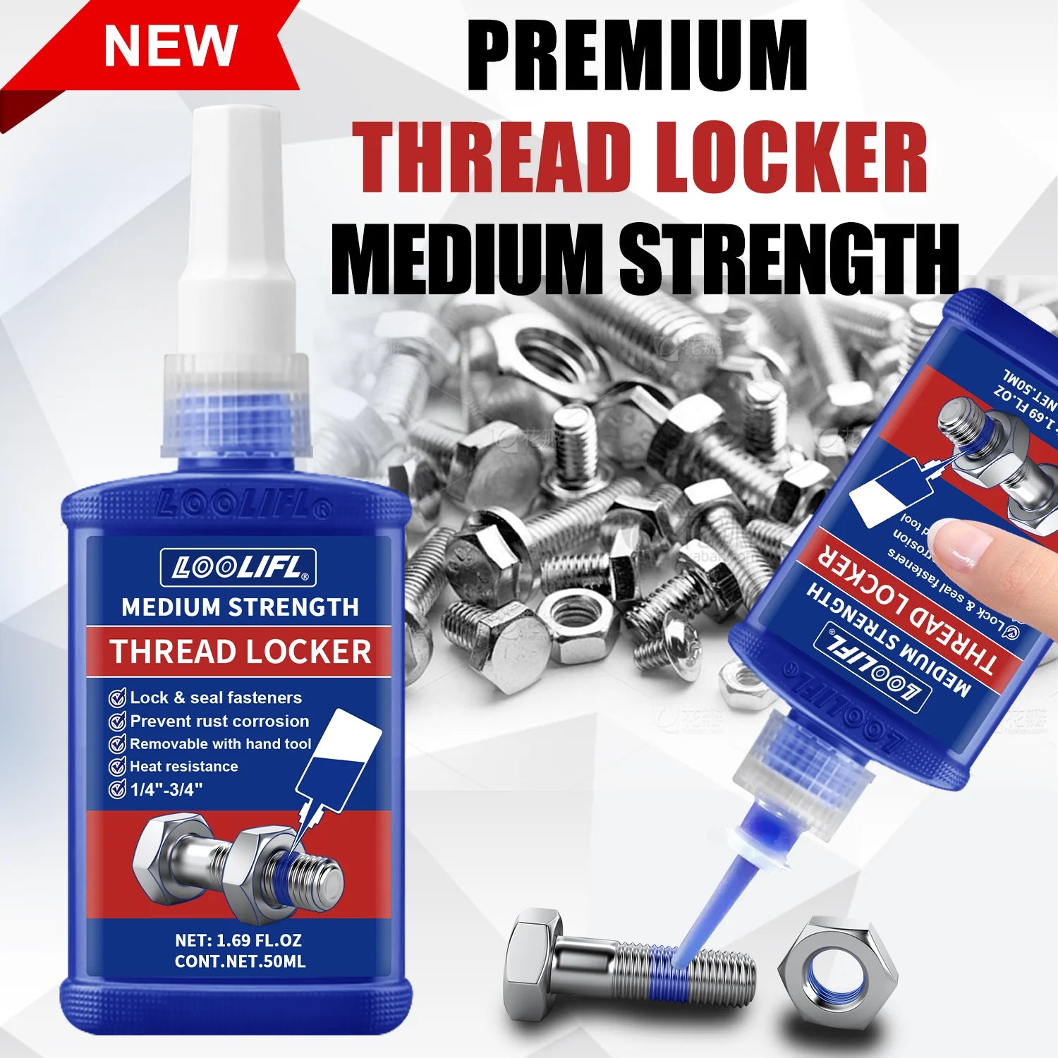 LOOLIFL Blue Thread Locker 243 Nuts-Bolts Locker, Screw Adhesive Lock Tight Seal Fasteners Anaerobic Curing Metal Glue,Rustproof