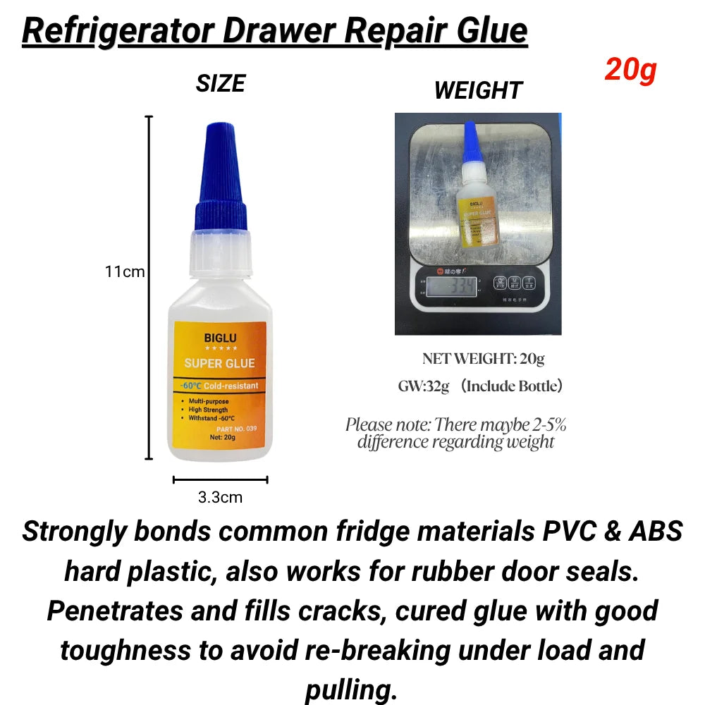 Refrigerator Drawer Repair Glue, -60℃ Low Temperature Resistant Super Glue, Instant Adhesive For PVC ABS Plastic Freezer Drawer