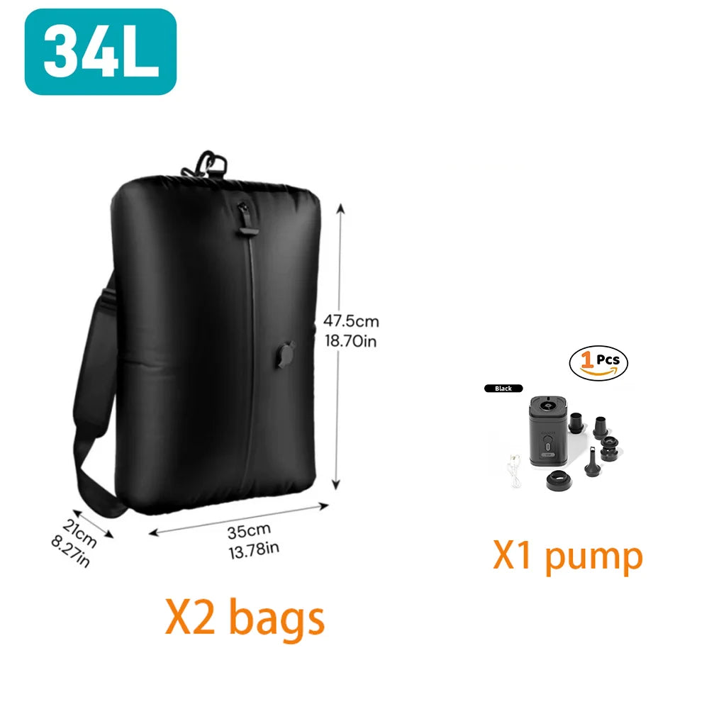 Travel Vacuum Compression Bags IP67 Waterproof PU Nylon Clothes Organizer USB Electric Pump 34L Space Saver Green Black
