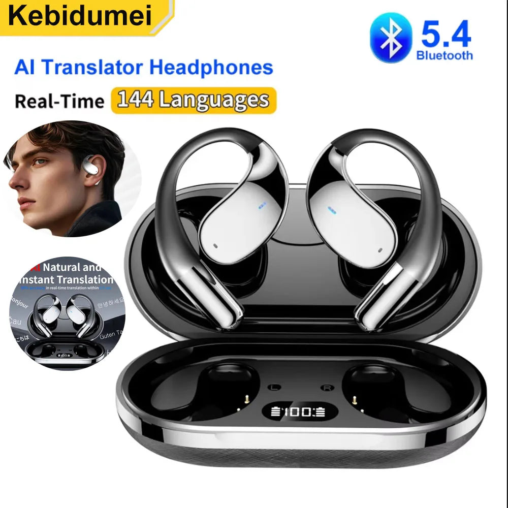 Bluetooth 5.4 Earphones AI Real Time Translation Support 144 Language Wireless Earbuds HiFi Noise Reduction Headphones Ear-hook