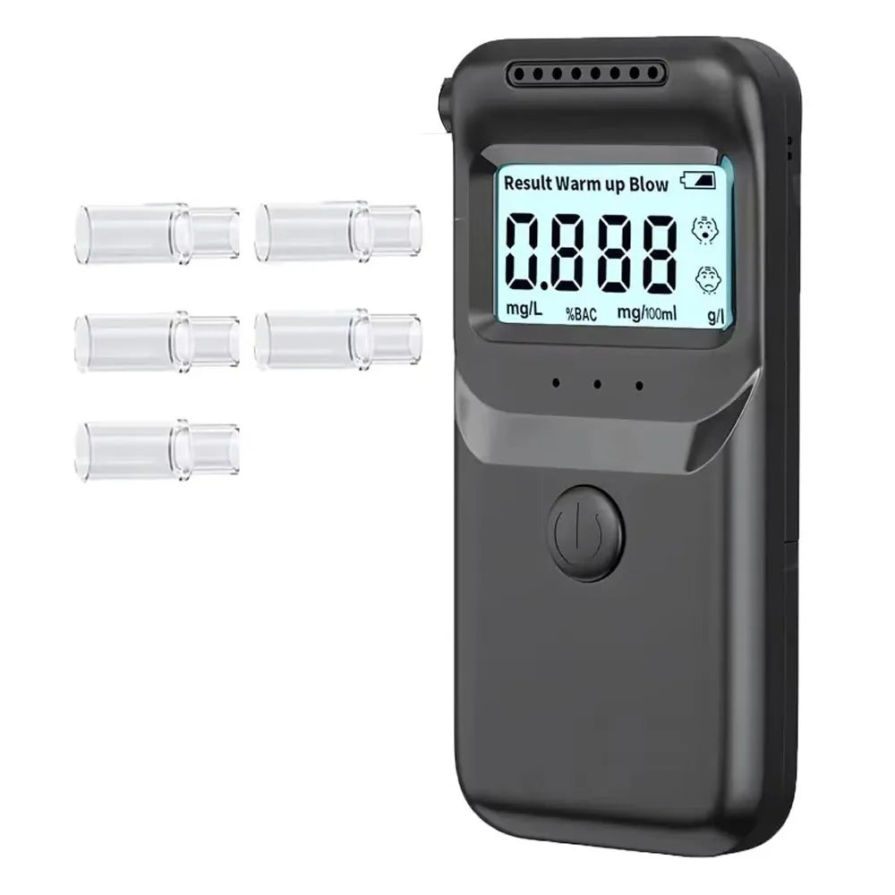LCD Breath Alcohol Tester with 5 Mouthpieces Professional Digital Breathalyzer Alcohol Detector with 3 Lamps for Drunk Driving