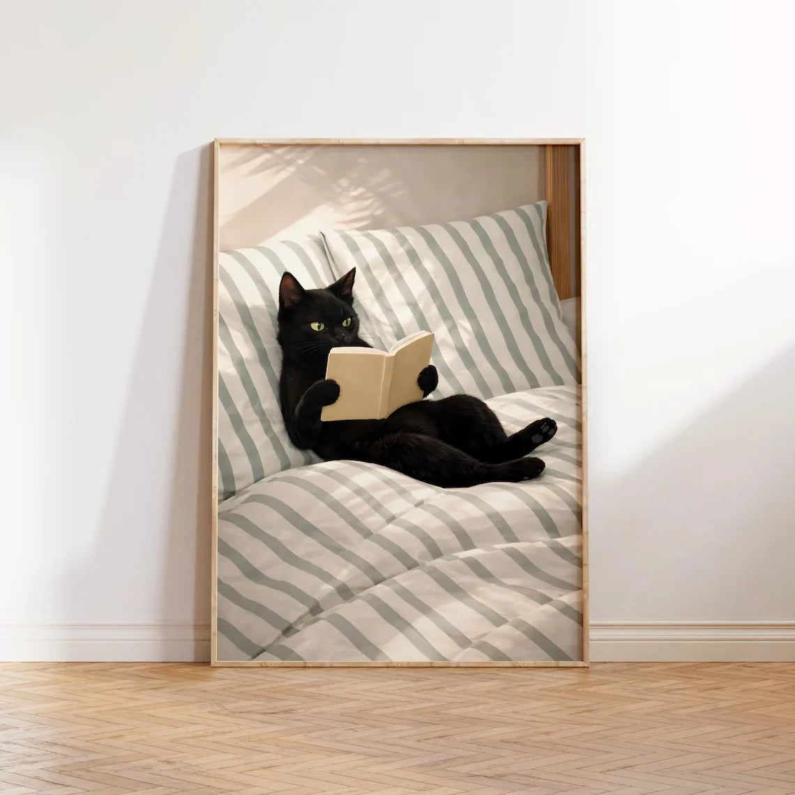 Cat Reading Print – Black Cat Wall Art, Cosy Bedroom Poster, Book Lover Cat Illustration, In Bed Print, Reading Decor, Cozy