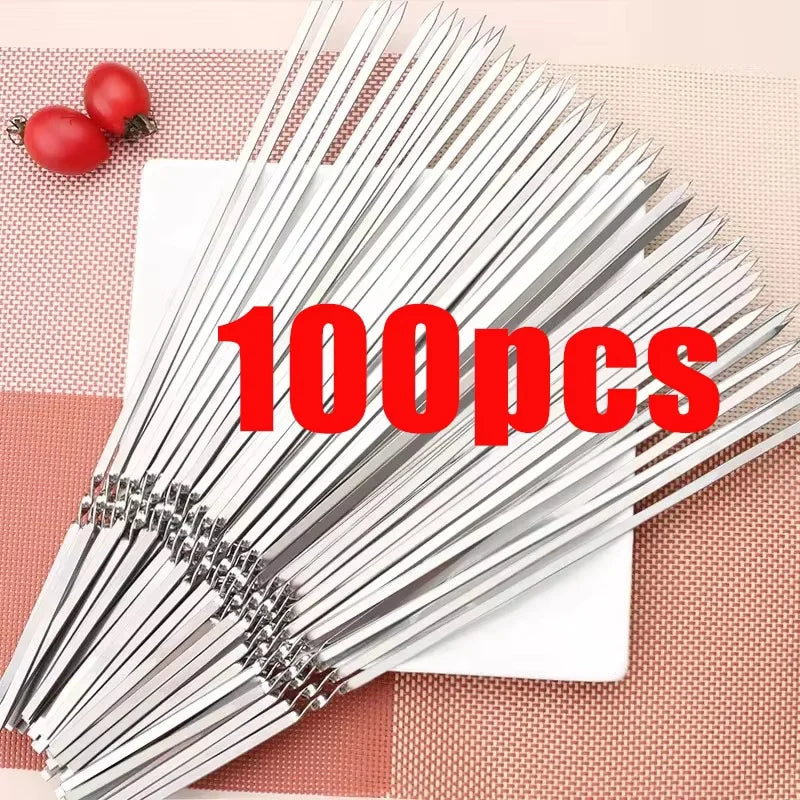 10-100pcs Reusable Stainless Steel Barbecue Skewers BBQ Needle Anti-skid Barbecue Meat Sticks Home Outdoor Camping Picnic Tools
