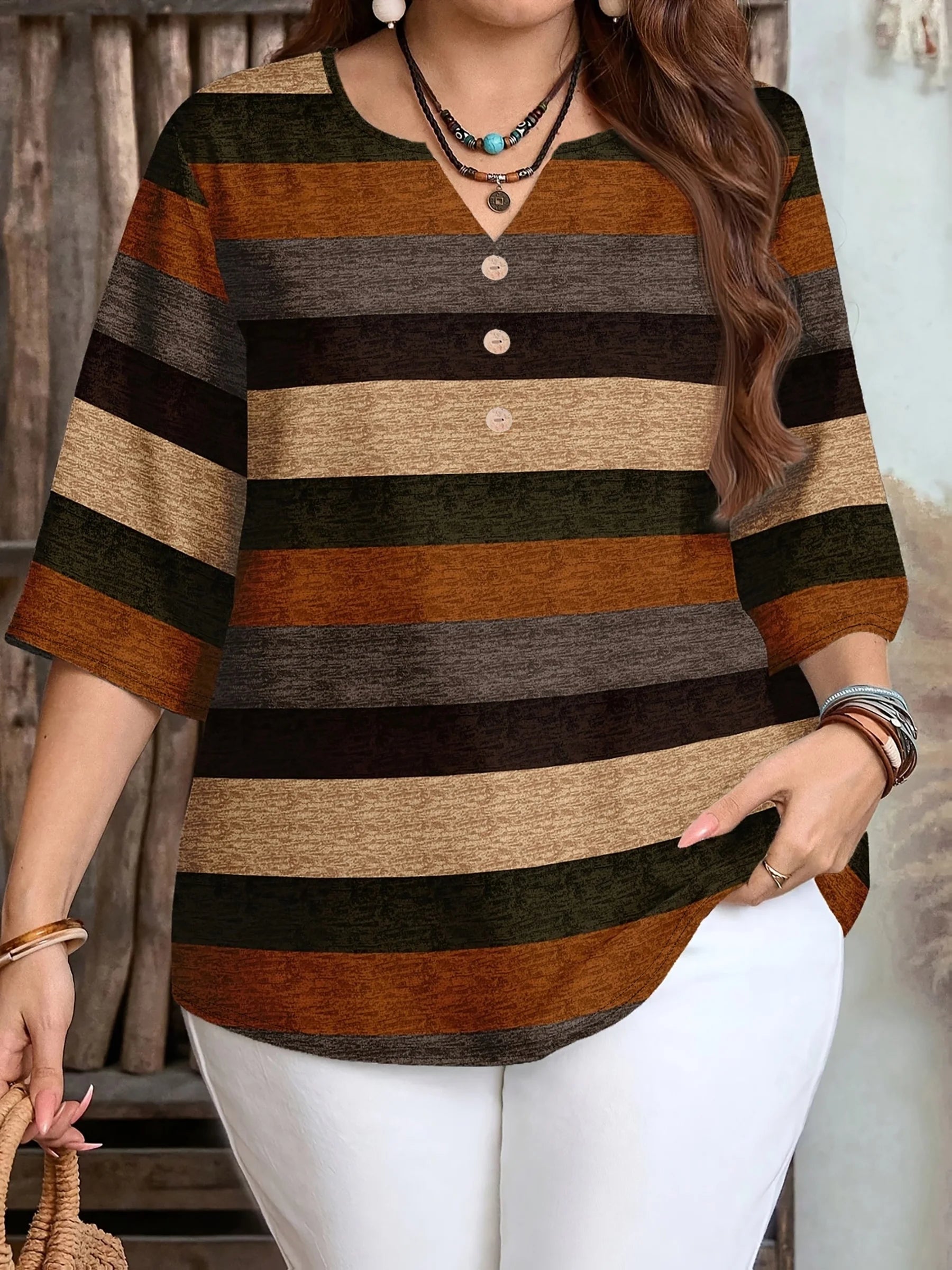 Plus Size Women's Striped Button-Down Top with Half Sleeves Perfect for Casual Wear