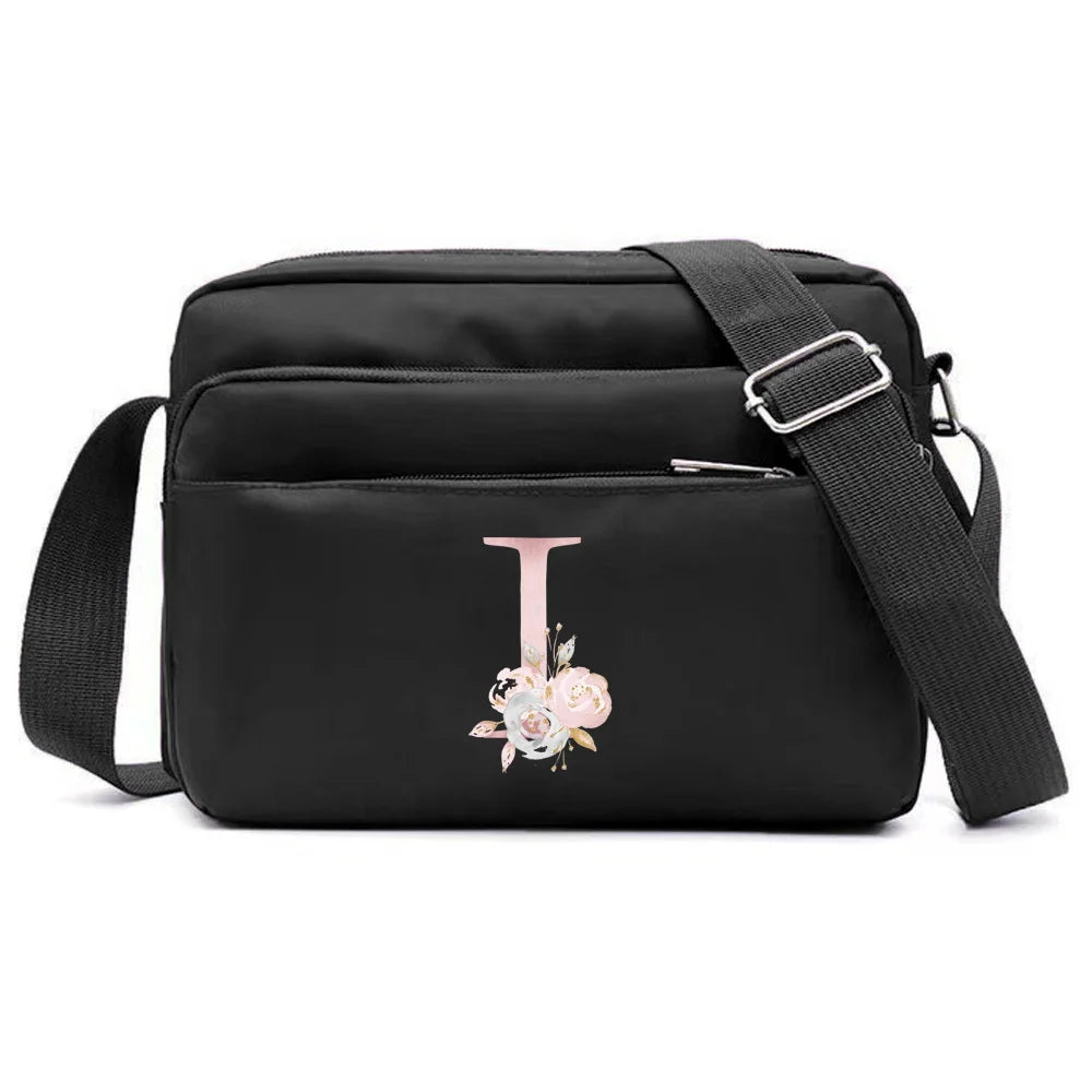 New Simple Black Storage Bag Multi-layer Travel Leisure One Shoulder Crossbody Bag Pink Flower Letter Series Printing Pattern