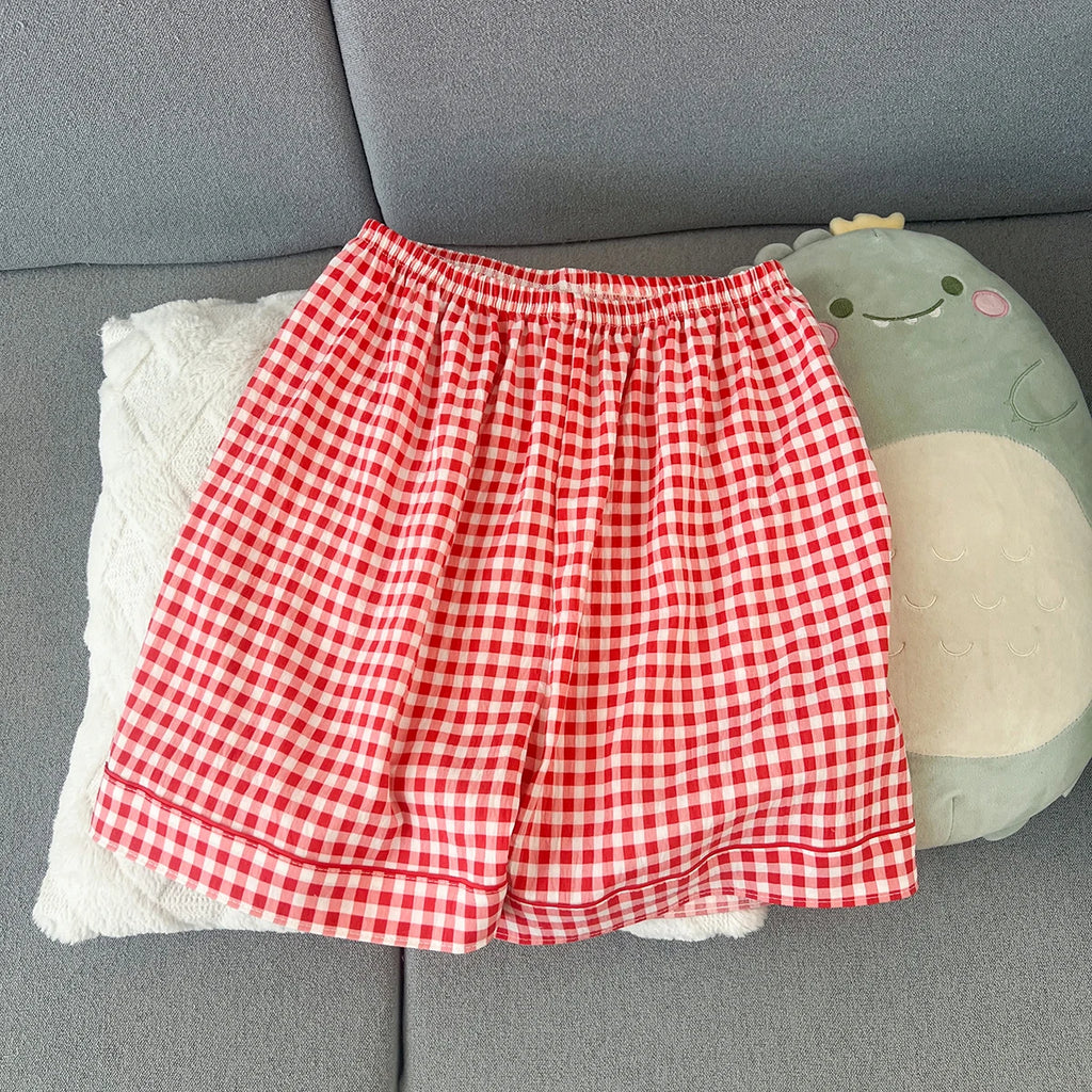 Women's Summer Pajamas, Thin Plaid Pattern Short-Sleeved Shorts, Sweet and Cute, Can Be Worn Outside in Summer, Two-Piece Home Wear Set