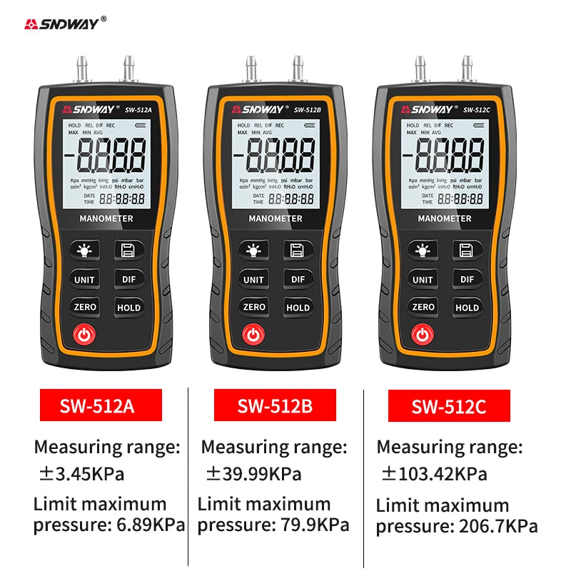 SNDWAY SW-512 Digital Pressure Gauge Differential Gas Pressure Gauge Measuring Instruments, Barometric Gauges/SW-512B/SW-512C