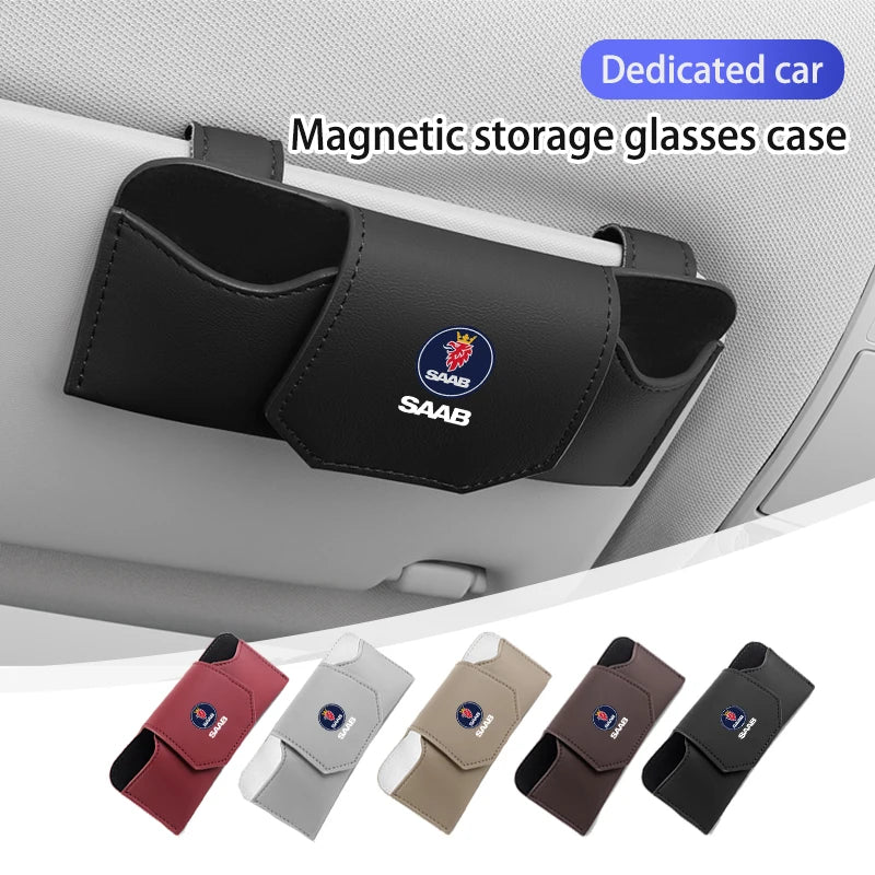 Magnetic Leather Storage Sunglasses Case Car Sun Visor Holder For SAAB Turbo X Monster 9-2X GT750 92 Sweden Decal