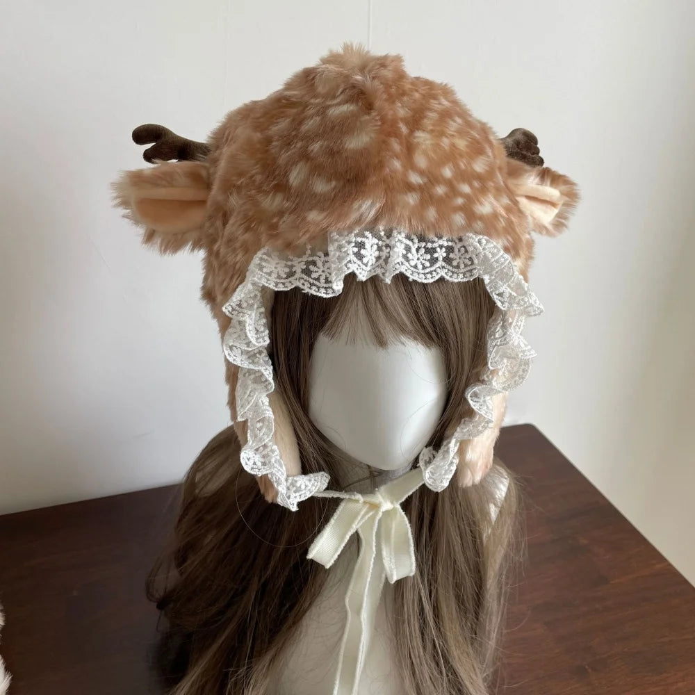 Japanese Furry Bomber Hats Christmas Socks Warm Ear Protection Xmas Deer Hat Plush Reindeer Furry Thicken Leg Warmers